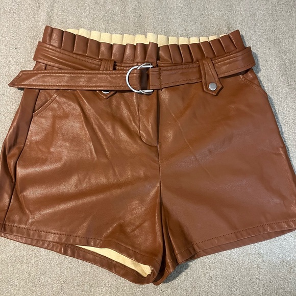 High Waist Tan Leather Women's Shorts - Picture 2 of 5